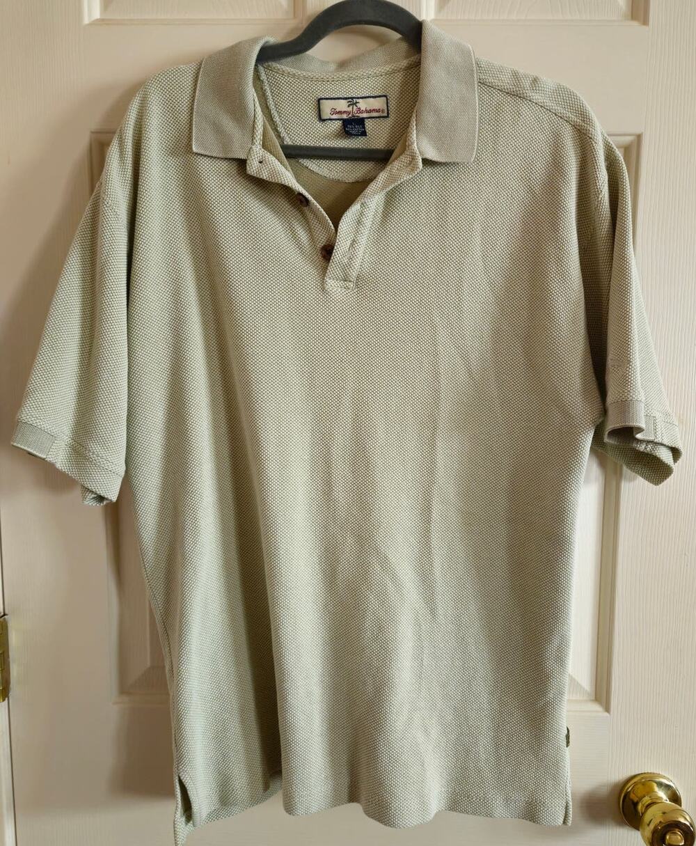 Men's Tommy Bahama Polo Light Green Size L Short Sleeve Green/White Weave